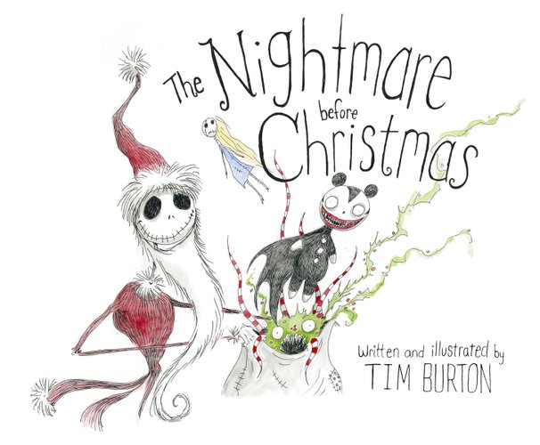 Book cover of "The Nightmare Before Christmas: 20th Anniversary Illustrated Edition" by Tim Burton, featuring an illustration of a smiling skeleton in a Santa outfit holding an open bag, from which sinister-looking toys and creatures are emerging.