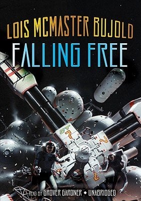 Book cover for Falling Free by Lois McMaster Bujold, a sci-fi novel. The cover depicts a space satellite with the author's name in yellow and the title in blue.