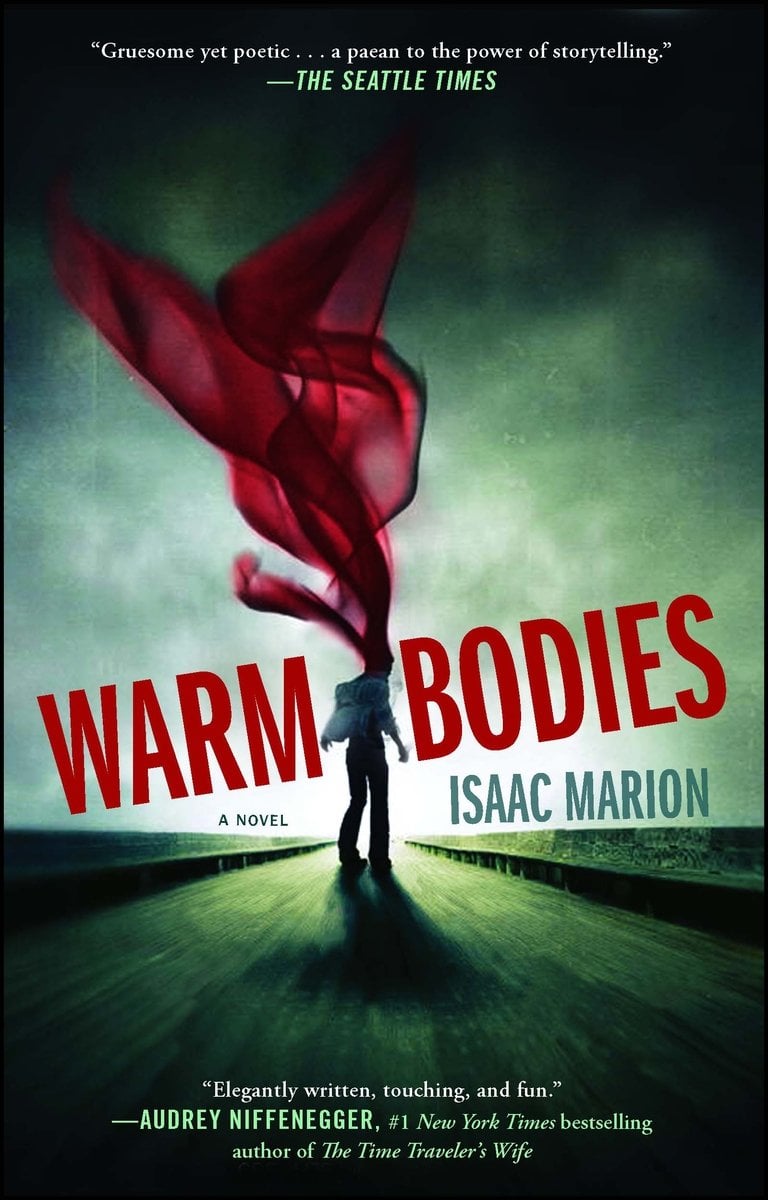 Cover of Warm Bodies by Isaac Marion. Dark sky, with clouds and a green ground. Looks apocalyptic. There is a zombie on the cover with a red cloth flowing behind him.