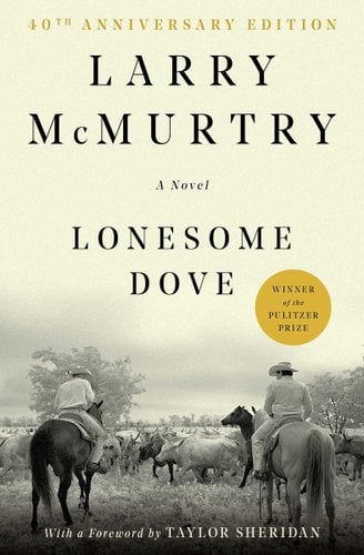 Lonesome Dove by Larry McMurtry cover; cowboys riding horses in front of several cows on grassland