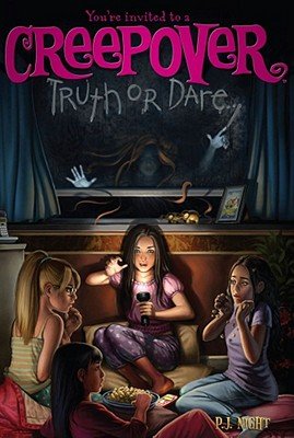 A cover of Truth or Dare by P.J. Night. There is four girls in a circle at a sleepover, with one girl holding a flashlight with her back to the window. In the window is what looks like a ghost with red hair.