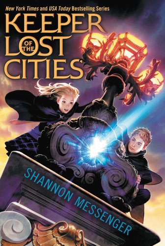 A book cover for "Keeper of the Lost Cities" depicting two blonde children crouching on an ornate street lamp. The view is bottom up.