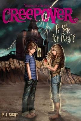 A cover of Is She For Real? by P.J. Night. There is a boy and a girl standing in front of a grand house with an outline in the doorway. The girl is wearing a red ring. The night is stormy.