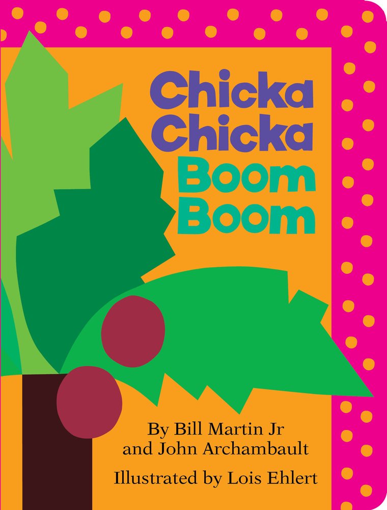 Chicka Chicka Boom Boom by Bill Martin Jr. and John Archambault, and illustrated by Lois Ehlert, is a children's book cover depicting a geometrically drawn coconut tree on an orange background. The top and right side of the cover is pink with orange polka dots.