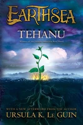 The cover of Ursula K LeGuin's Tehanu, with the image of a plant growing with roots underground under a purple and blue sky