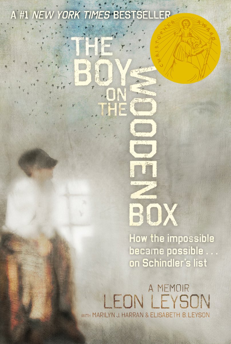 The Boy on the Wooden Box by Leon Leyson memoir book cover depicting a boy sitting on a wooden box in the bottom left corner as seen through foggy glass.