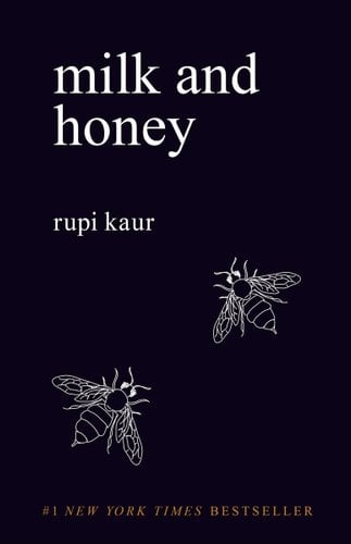 Milk and Honey by Rupi Kuar, book cover depicting a black background and white drawn bees.