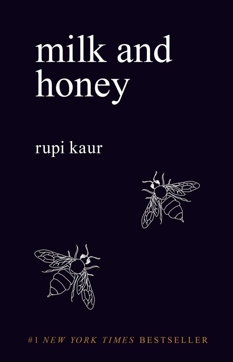 Milk and Honey by Rupi Kaur, a black minimalist poetry cover depicting the white, stencilled drawing of two bees/wasps.