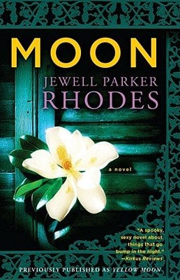 Moon by Jewell Parker Rhodes. A book cover depicting a wooden door with a white flower on the handle, with a lace border around the image.