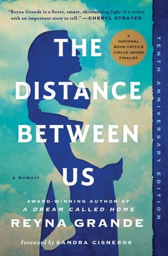 The Distance Between Us by Reyna Grande, book cover. A blue side profile of a woman's figure appears to carry another figure that blends into the bright sky.