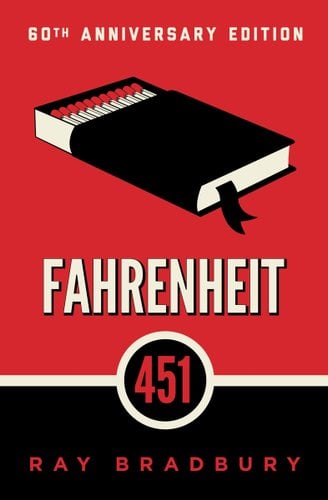 White and black background with "60TH ANNIVERSARY EDITION" at the top in white text, a book of matches in the middle of the cover, "FAHRENHEIT" in bold white text in the bottom middle, "451" in red text in a black circle, and "RAY BRADBURY" in red text at the bottom.