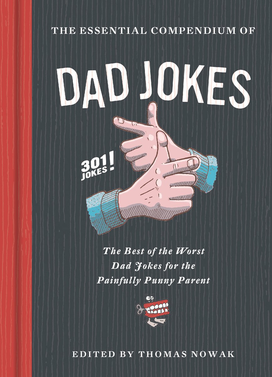 Book cover with bold, colorful text in a retro comic style reading “Essential Compendium of Dad Jokes.” The background is bright yellow with blue and red accents, giving off a playful and humorous tone.