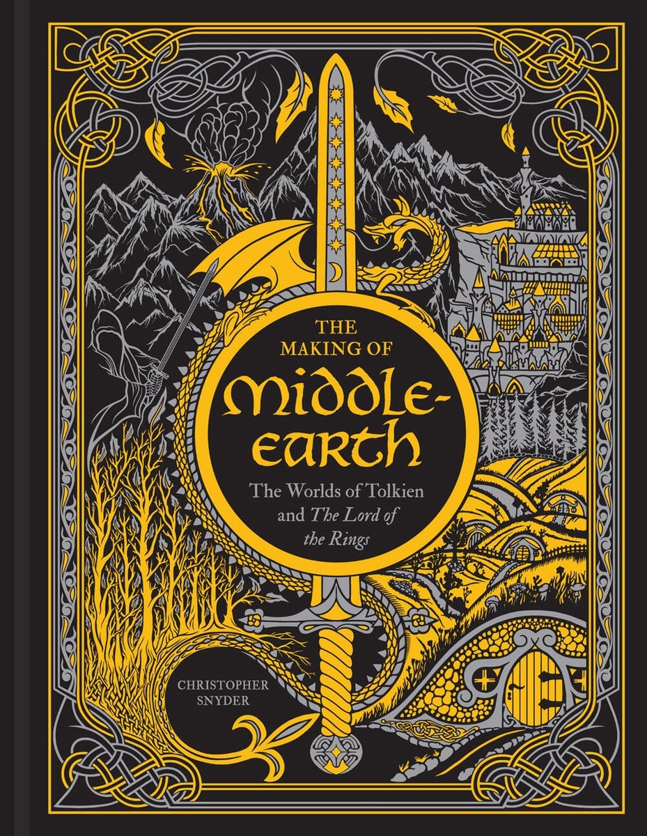 The cover for The Making of Middle Earth. There is a an ornate gilded gold and silver drawing of Tolkien's fantasy world. The cover is written in a center of a tall sword. There is a mountain range in one corner, a forest in another, a hobbit hole in one, and a castled city. The all represent the worlds of Middle Earth.