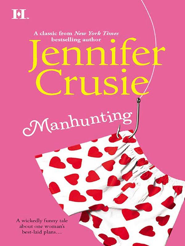 Manhunting by Jennifer Cruise, a romance book cover depicting a pair of white boxers with red hearts attached to a fishing hook, over a pink background.