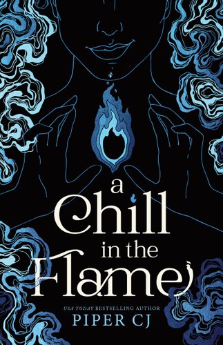 A black background with different shades of blue forming the outline of a woman smiling. Her hands are cradled around a blue flame, and flames outline the edges of the image