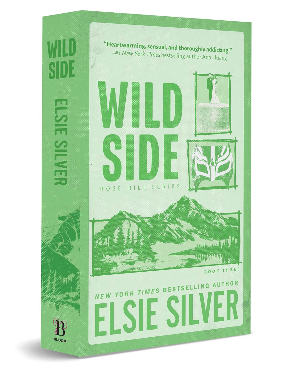 Cover of Wild Side by Elsie Silver. Green books, with a light green front. Mountains are at the bottom, with small images of a wedding and a mask on the right side.