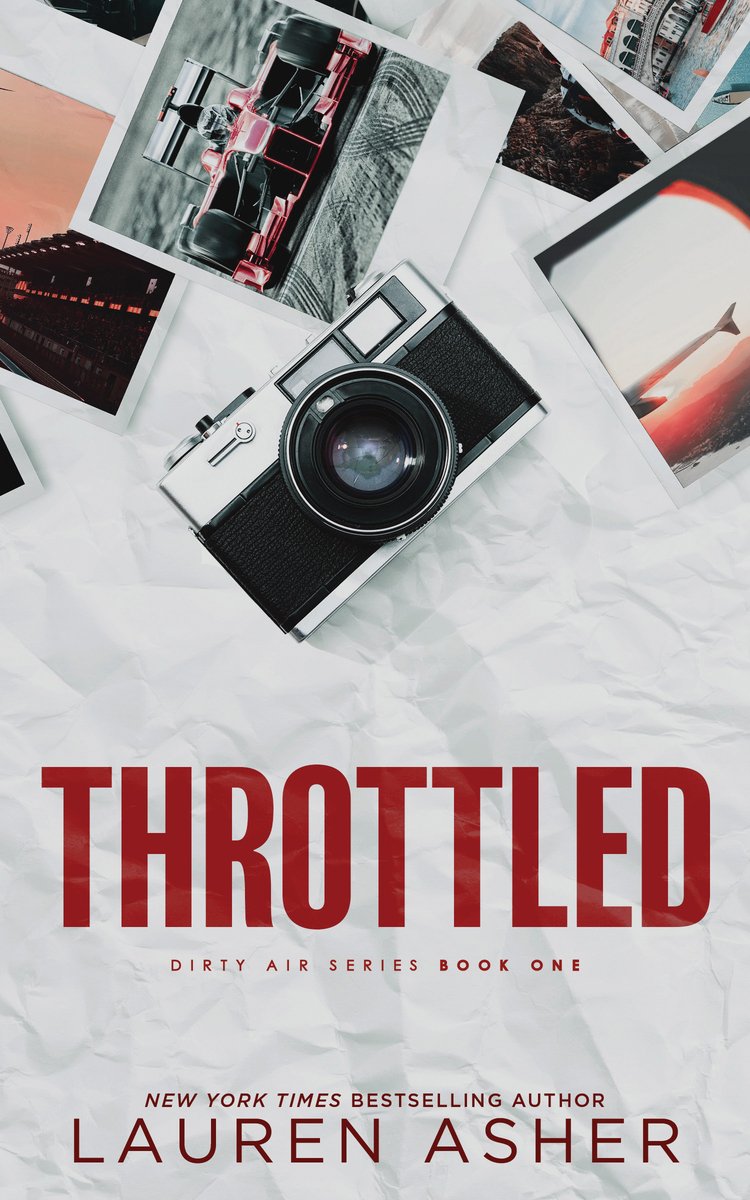 A camera is in center with polaroid photos of an F1 car at the top. The title 'Throttled" is written under the camera in red."