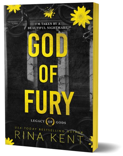 god of fury by Rina Kent book cover. yellow letters and yellow flowers in the corners on a dark black and grey background.