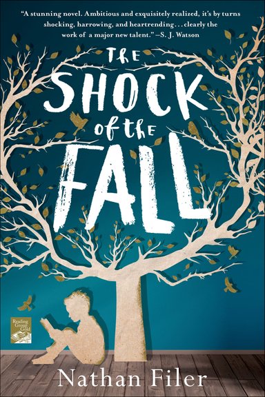 The Shock of the Fall by Nathan Filer, three-dimensional boy and tree in big room, birds in tree, boy reading, blue background, book cover