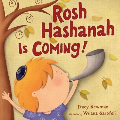 Rosh Hashanah Is Coming by Tracy Newman book cover features a little boy as he blows into a horn with a tree behind him that's losing its yellow leaves. The title takes up the remaining space in dark red fun lettering.