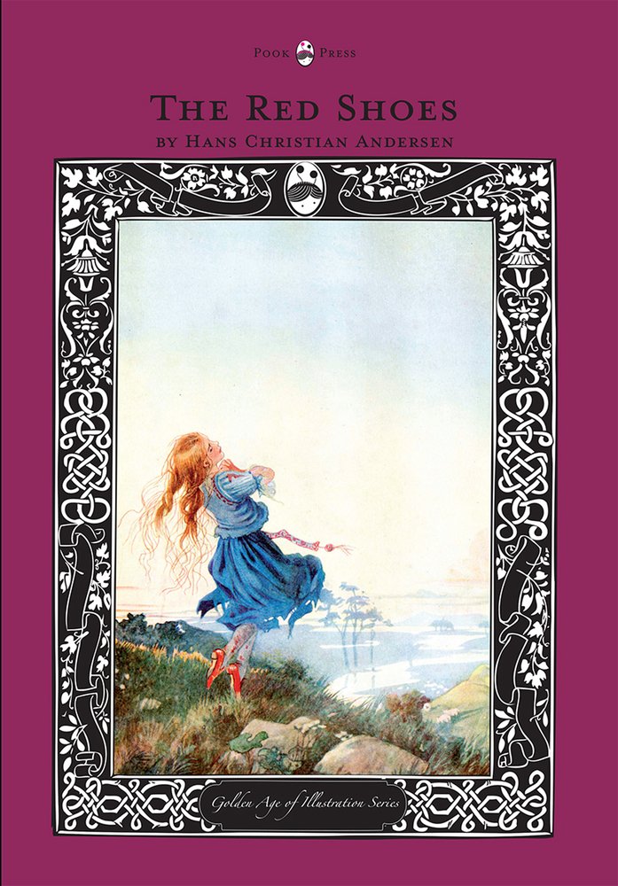 The Red Shoes by Hans Christian Andersen, fantasy book cover depicting a blonde girl in a blue dress and red shoes dancing on a grassy hilltop.