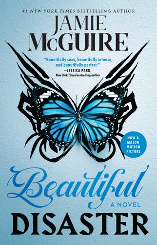 beautiful disaster by Jamie McGuire book cover featuring a blue and black butterfly against a blue ombre background.
