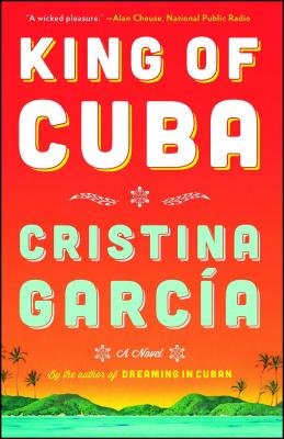 King of Cuba book cover by Cristina García. Red book cover with green island at the bottom.