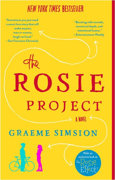 The yellow background makes the words 'The Rosie Project' stand out. A winding arrow manoeuvres around the title in the centre of the cover. A blue silhouette of a man riding a bike, stands beside a woman in a pink silhouette. They appear to be talking.