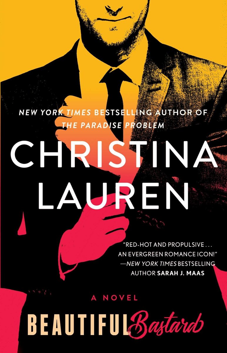 Beautiful Bastard by Christina Lauren, a romance book cover depicting a gradient background from a light orange to a hot pink. On the front of the cover is a print of a man wearing and adjusting his suit. The author's name is printed in a large white font in the center of the cover.