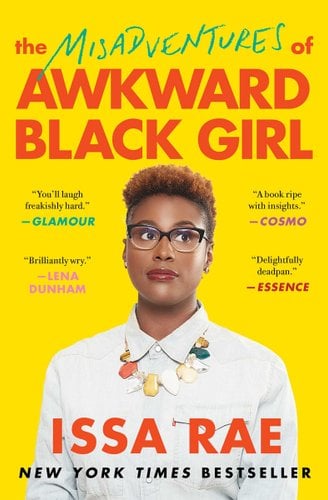A Black woman wearing a white shirt, glasses, and short afro hair stands against a dark yellow background. The title sits above her head in large, red and green letters. The author's name sits below the woman in large, red letters. There are other words in different colors sitting on either side of the woman's head.