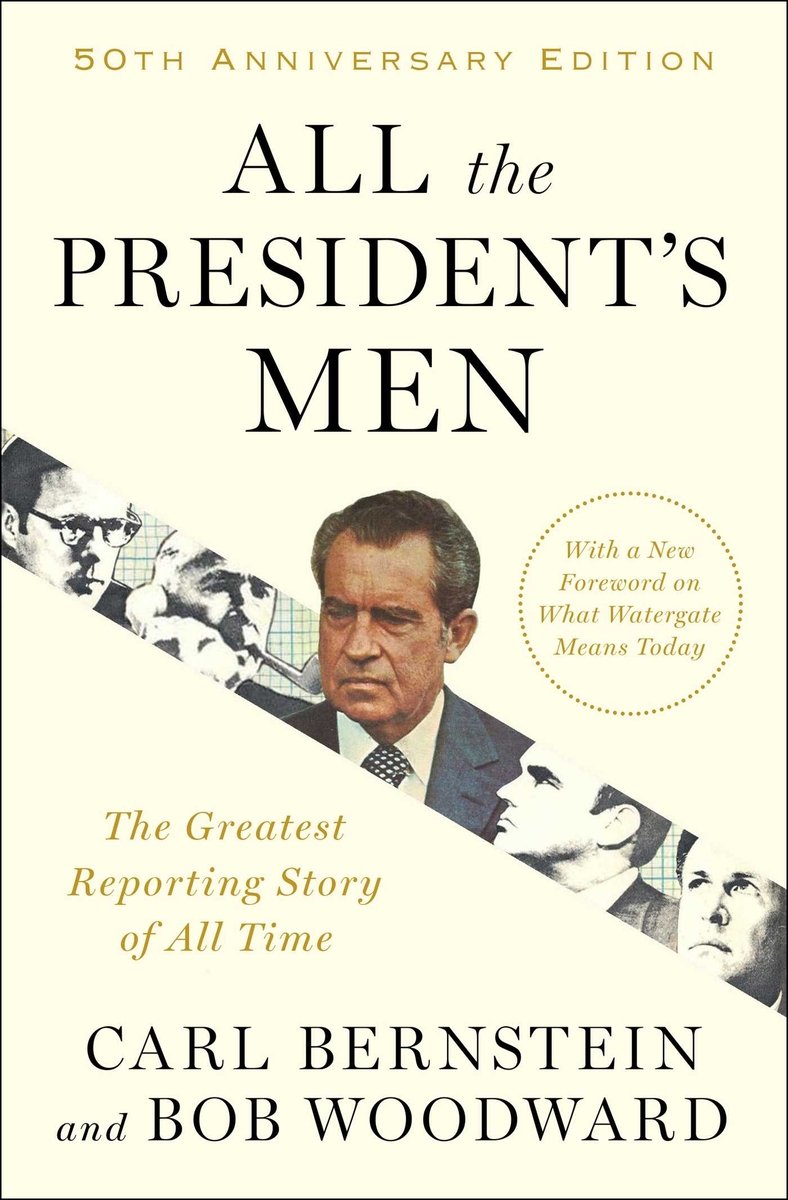 All the President's Men by Carl Bernstein and Bob Woodward book cover depicting a light tan background with a diagonal split that opens and reveals President Nixon among other men in black and white.