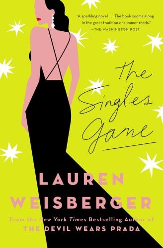 Book cover displays bright solidly background with cartoonish stars. A painted picture of a woman in a dark evening gown is the only figure.