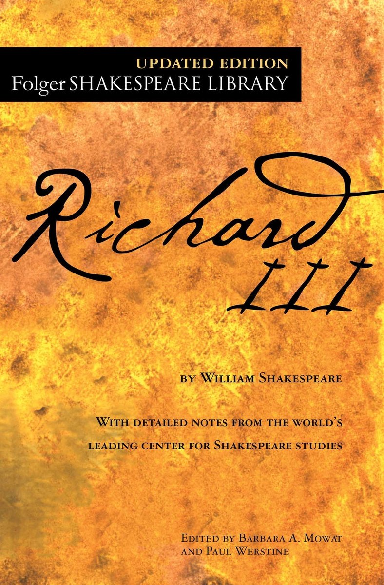 The book cover for Richard III by William Shakespeare. A painted golden orange background with the title in black cursive text.