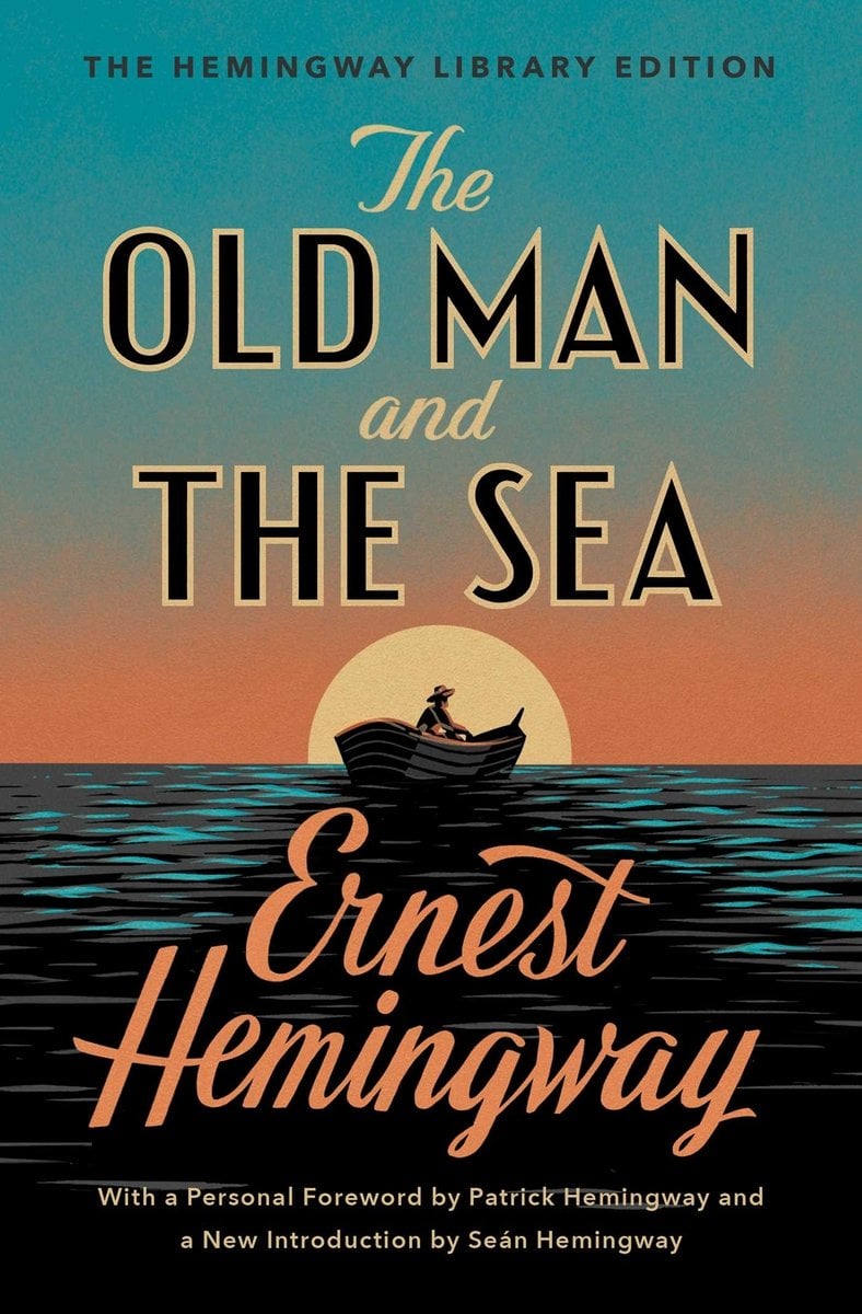 Cover of "The Old Man and the Sea" by Ernest Hemingway. A man is sitting in a boat in the middle of the ocean.