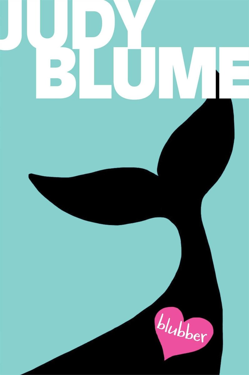 Blubber by Judy Blume middle-grade book cover depicting the silhouette of a whale tail with a pink heart at the base of the whale with the word "blubber" inside.