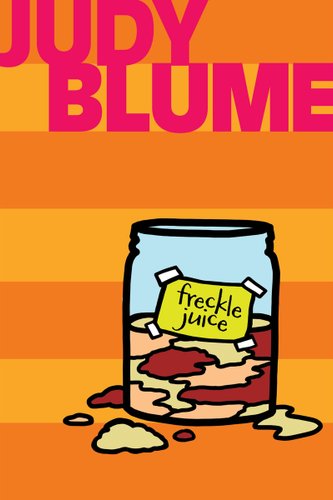A striped light and dark orange cover with a jar full of brown and green liquid, as well as some of the liquid around the jar. The title "freckle juice" is taped to the jar. The author's name is at the top in large pink lettering.