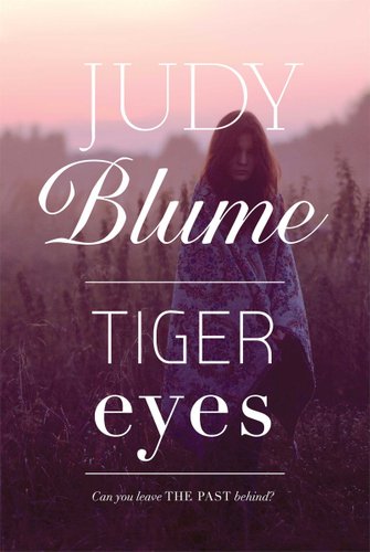 Tiger Eyes by Judy Blume shows a woman wrapped in a blanket walking in a lavender field as the sun rises.