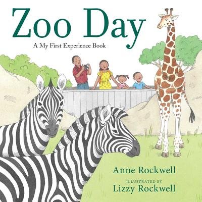 Zoo Day by Anne Rockwell and illustrated by Lizzy Rockwell, two zebras and one giraffe being calm, standing on grass behind an enclosure with rocks, one person in front of enclosure taking pictures, one girl with yellow dress, two children, a boy and girl, watching animals in amazement, title is in green color, trees in the background, book cover