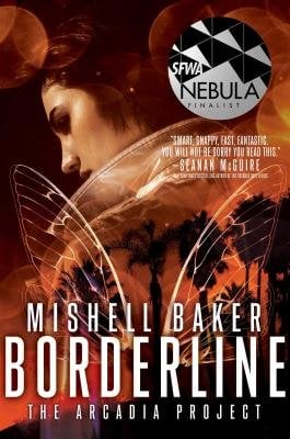 Borderline by Mishell Baker. On a dark red background is the profile of a white light-skinned woman with dark hair. She's turned slightly away with her jacket collar blocking part of her face. Around her are light spots, palm tree silhouettes, and a pair of white transparent fairy wings. On the top right corner is a Nebula Awards Finalist sticker. The title and author's name are across the bottom in white text.