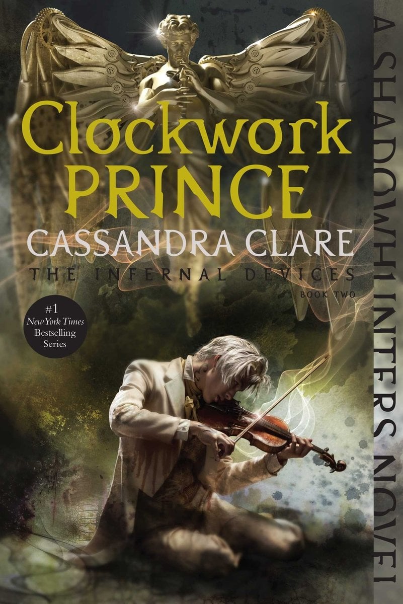 Clockwork Prince by Cassandra Clare a YA Fantasy Book cover depicting a kneeling man playing the violin in ruins.