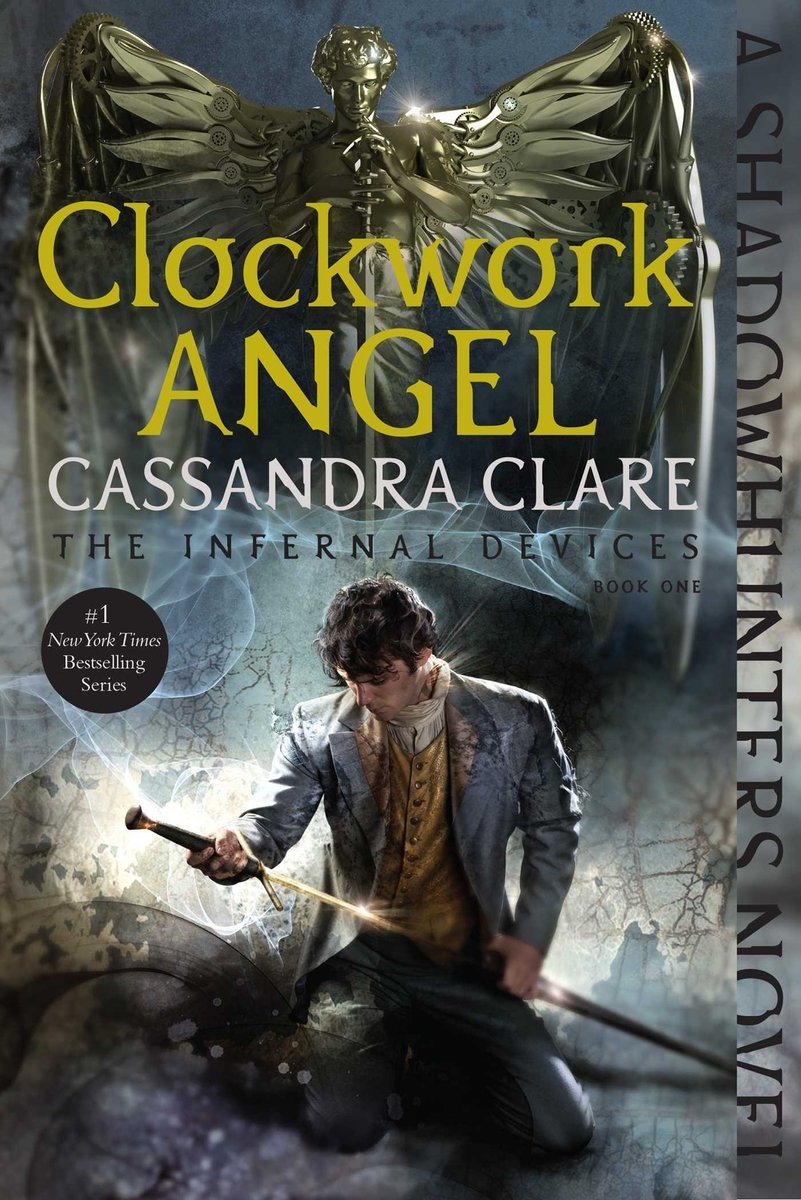 Clockwork Angel by Cassandra Clare. The image depicts a man kneeling as he unsheathes a sword