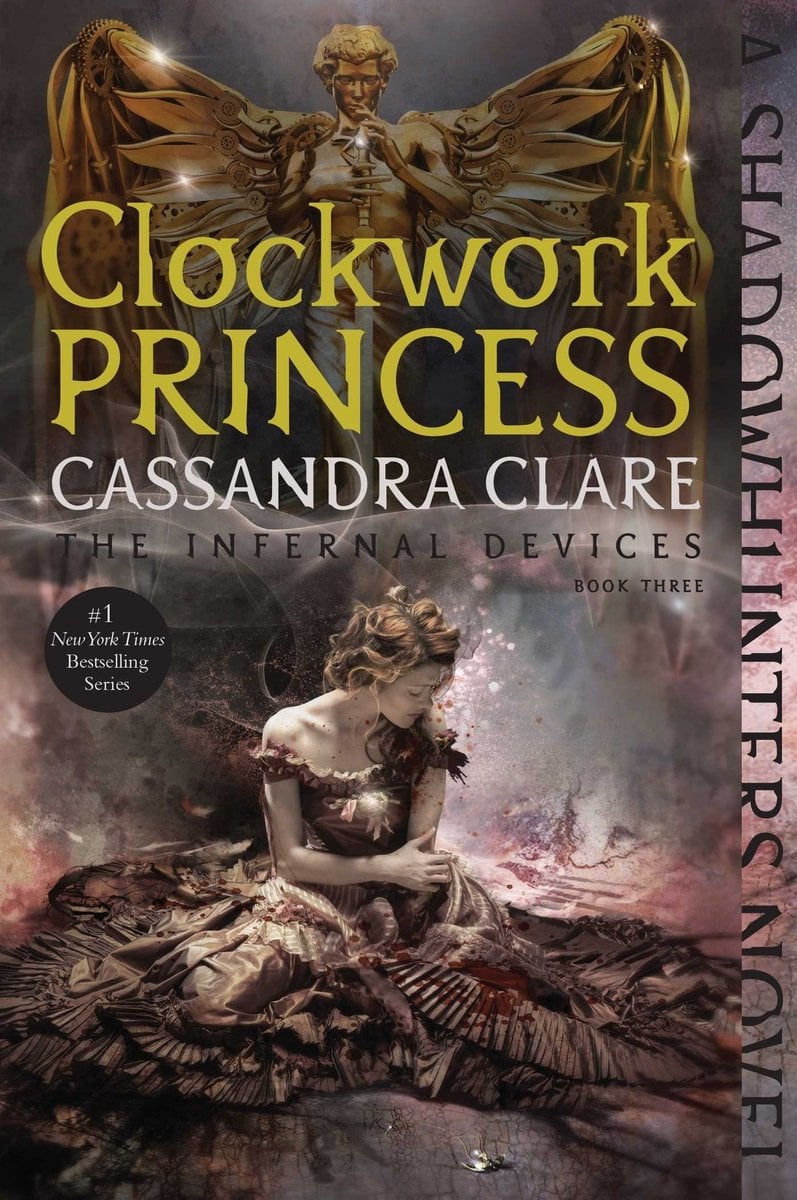 Clockwork Princess by Cassandra Clare a YA Book cover depicting a kneeling woman in ruins.