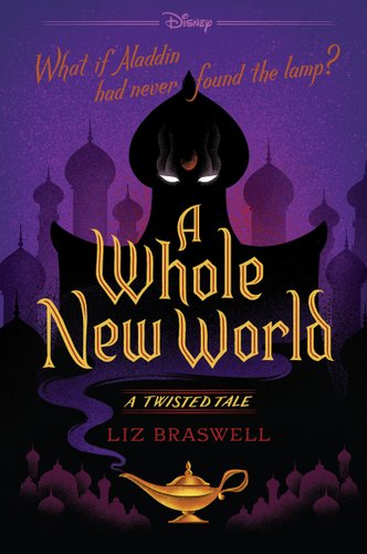 A Whole New World by Elizabeth J. Braswell book cover. A purple background with an evil shadow looming over a genie lamp.
