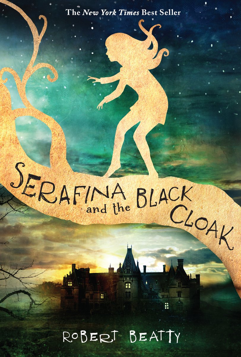 A cover of Serafina and the Black Cloak by Robert Beatty. There is a paper cut-out of a girl on top of a grand estate.
