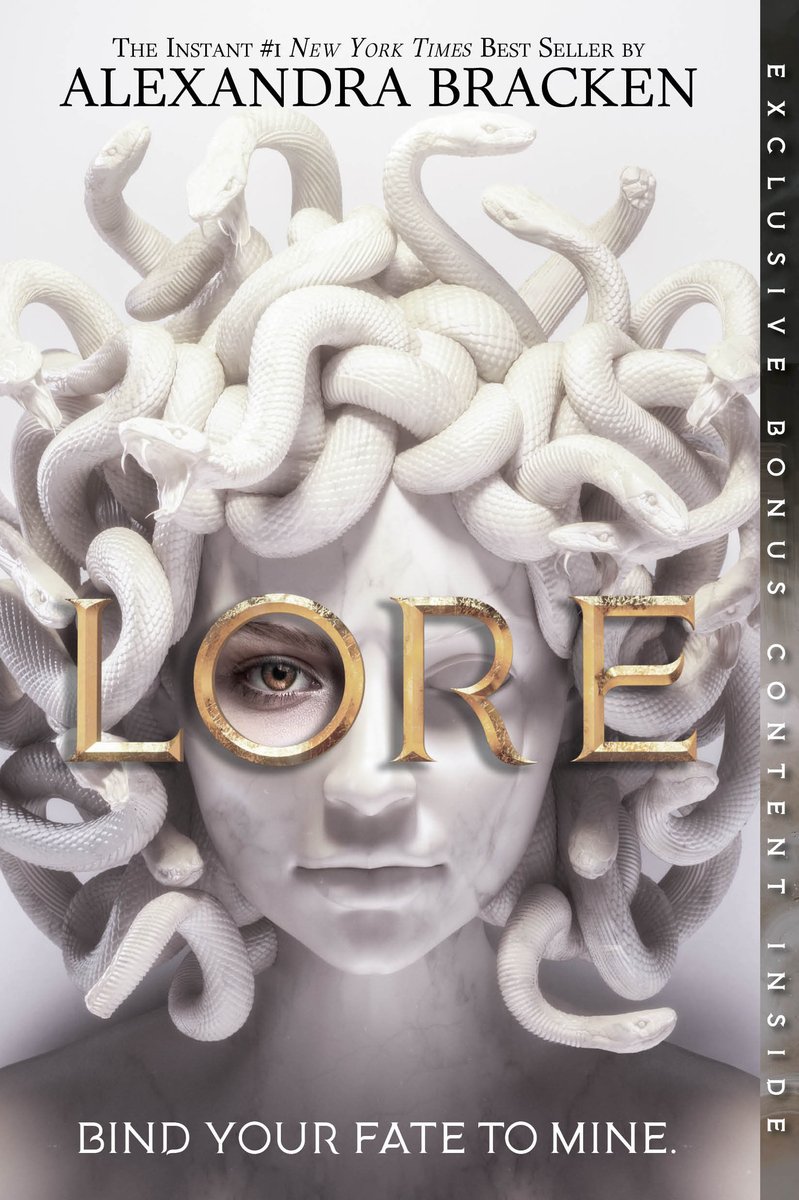 Book cover is Lore by Alexandra Bracken. A white background, with a white statue of medusa, with a head of snakes. The title is in the center with the O of Lore over the eyes of the statue, and the other eye closed.