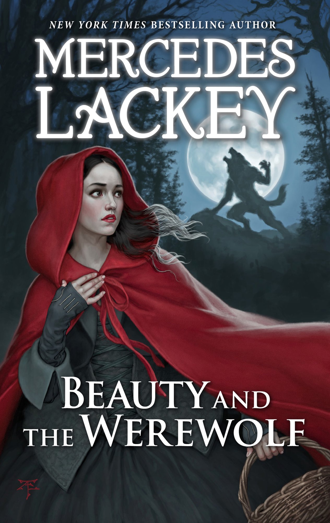 A cover of Beauty and the Werewolf by Mercedes Lackey. There is a woman wearing a red cape on the cover with a werewolf behind her.