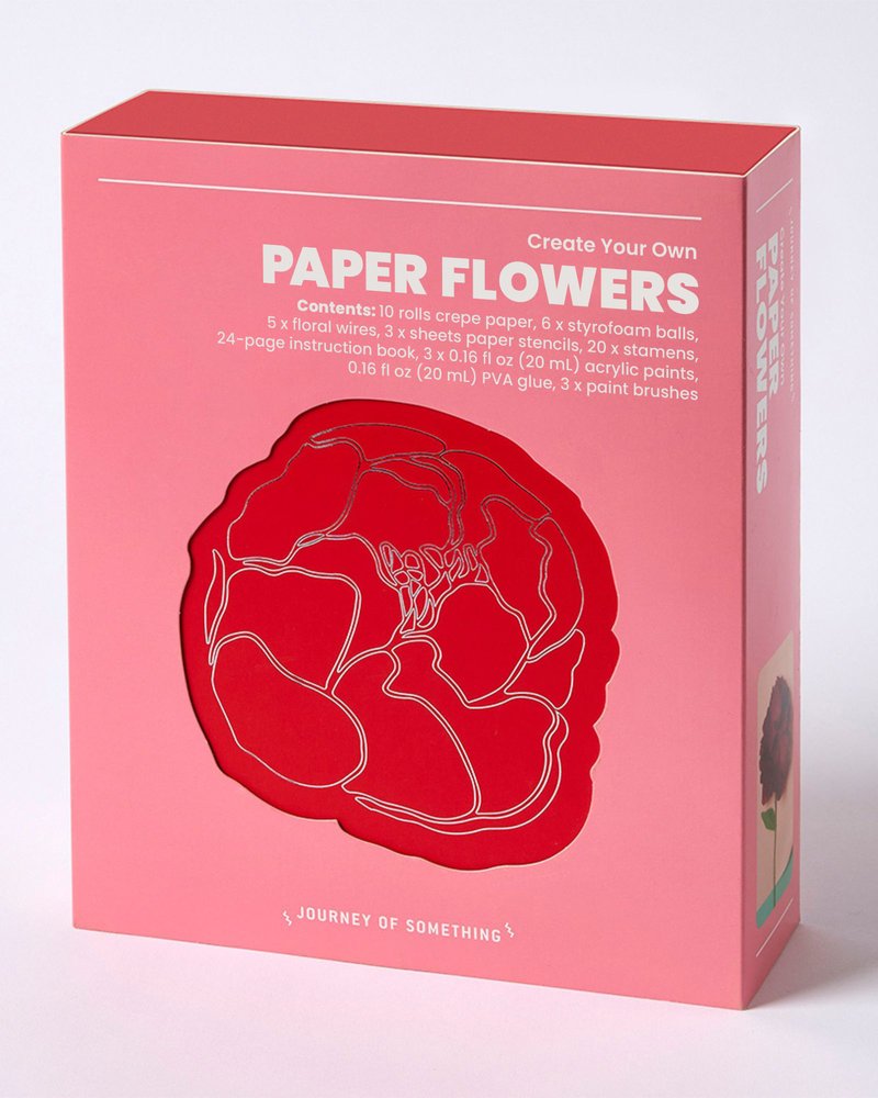 Paper Flower Making Crafts - DIY Adult Craft Kit by Journey of Something, a crafting book and kit box cover depicting a pink background with a red flower that is outlined in a silver lining. The text of the title is bolded in white.