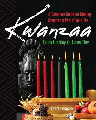 Set against a deep black background, The title is presented in both large, white lettering and small, red and green lettering. A traditional African mask sits beside seven green, red, and black candles that are all lit up. The candles sit on a short, wooden candleholder beside corn and a bowl of fruit.