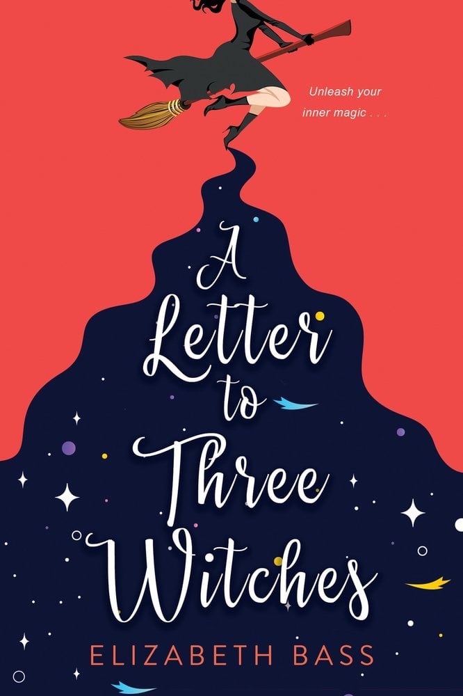 A Letter to Three Witches by Elizabeth Bass book cover is set against a coral-red background, the cover features an illustration of a witch soaring on a broomstick at the top, her silhouette partial. From the broom’s trail flows a deep navy-blue shape resembling a spilled potion, richly painted with tiny stars and sparkles. Within this shape, the title “A Letter to Three Witches” is rendered in whimsical, flowing white script with a touch of magic. Below the title, the author’s name Elizabeth Bass appears in smaller, clean font.