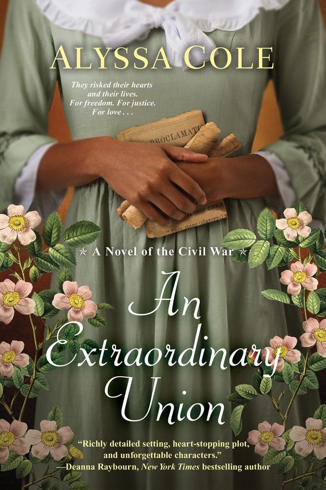 An Extraordinary Union by Alyssa Cole historical romance book cover features a standing woman with medium-dark skin tone from the shoulders down in a muted, green dress holding yellowing papers that look like letters in her hands that are crossed and folded along her stomach. Pink flowers bloom on the left and right side of her with the title in white, delicate script with the authors name in yellow simple, all caps font at the top.